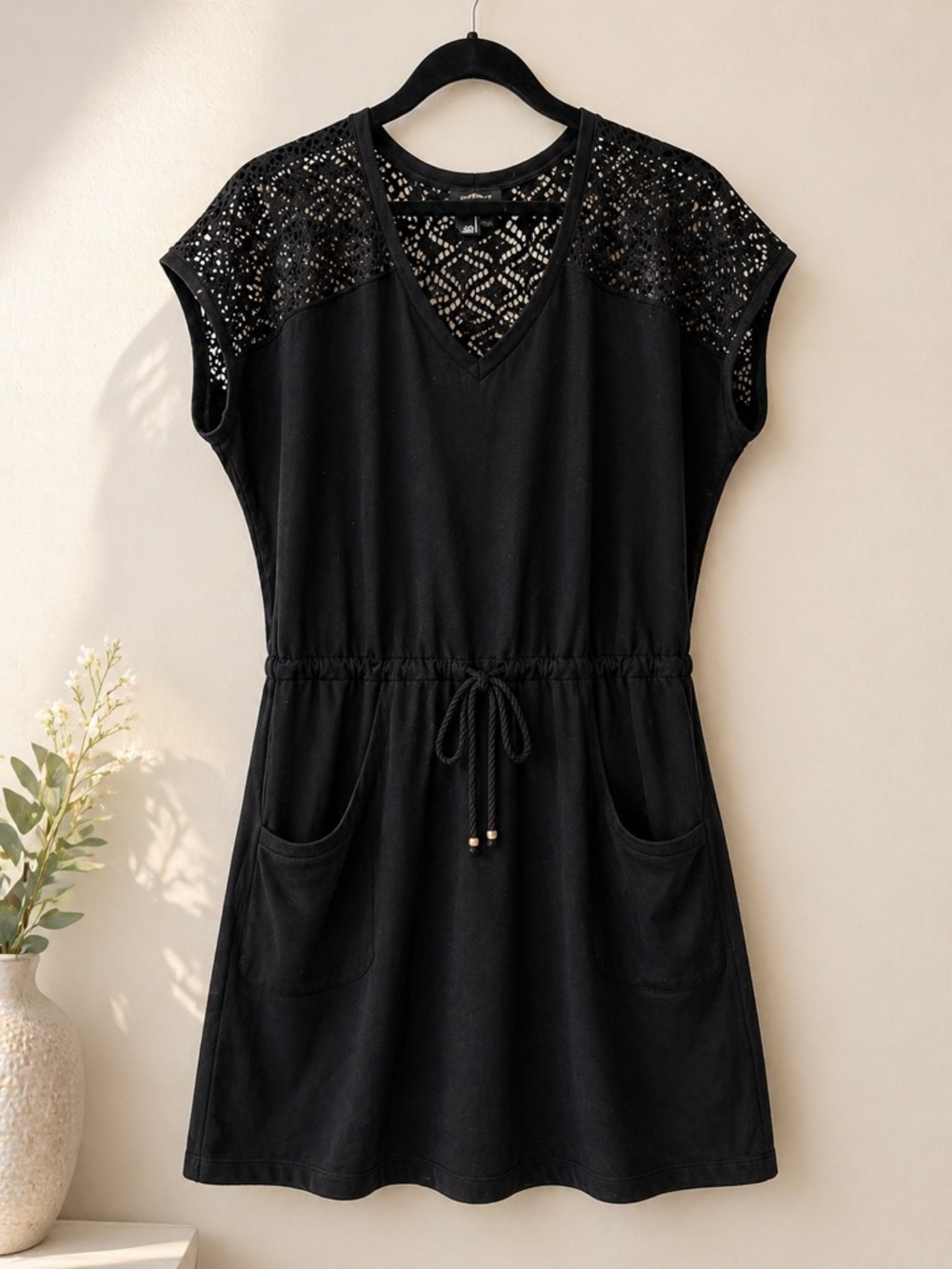TALBOTS Black Lace-Yoke Drawstring Pocket Dress